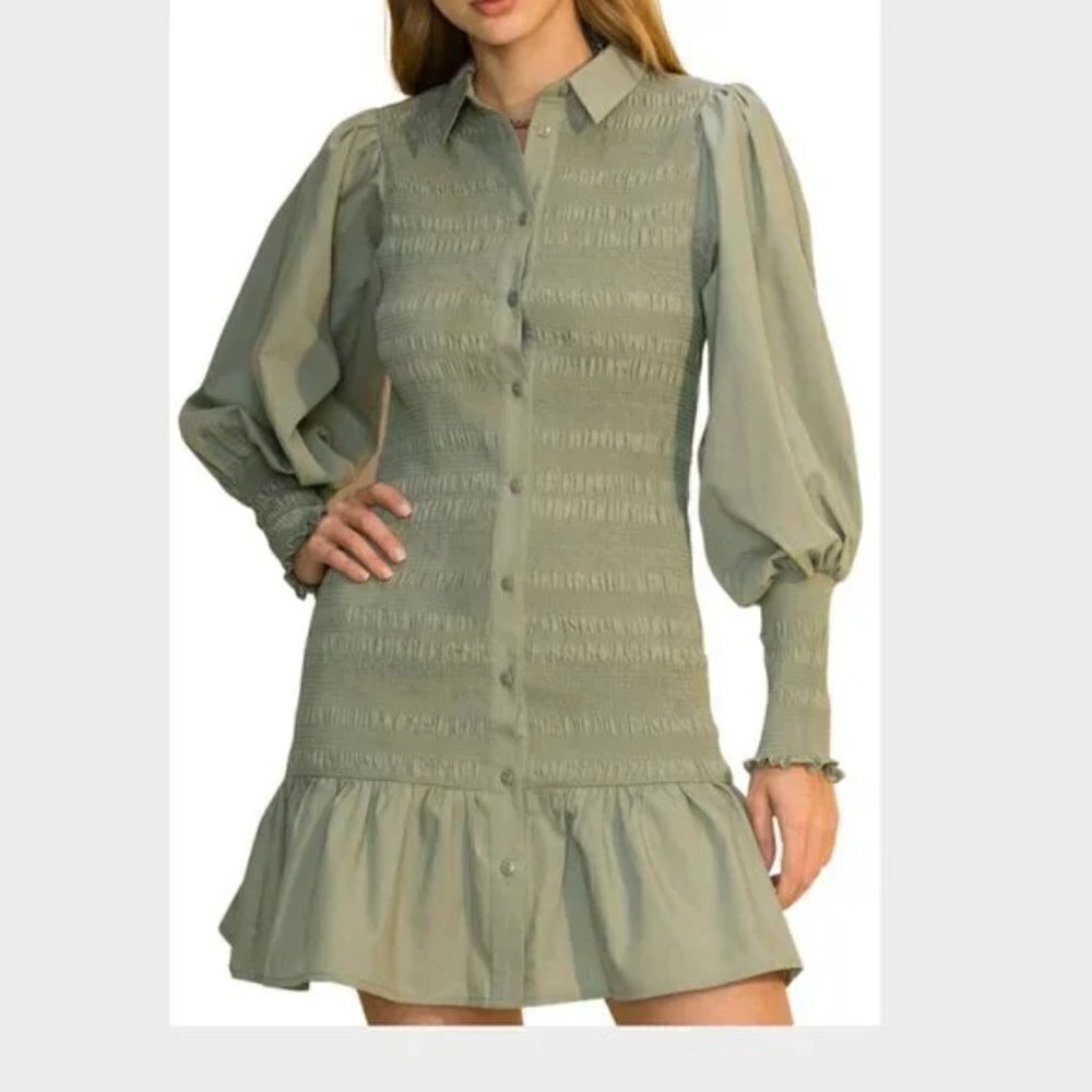 HYFVE | Smocked Balloon Sleeve Button Dress Olive Green Ruffle | Size L